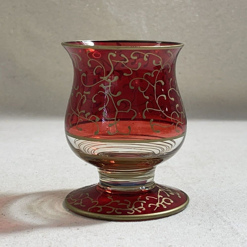Bohemian Ruby Red Glass W/Gold‎ Filigree Pier One Small Vase Candle Holder
